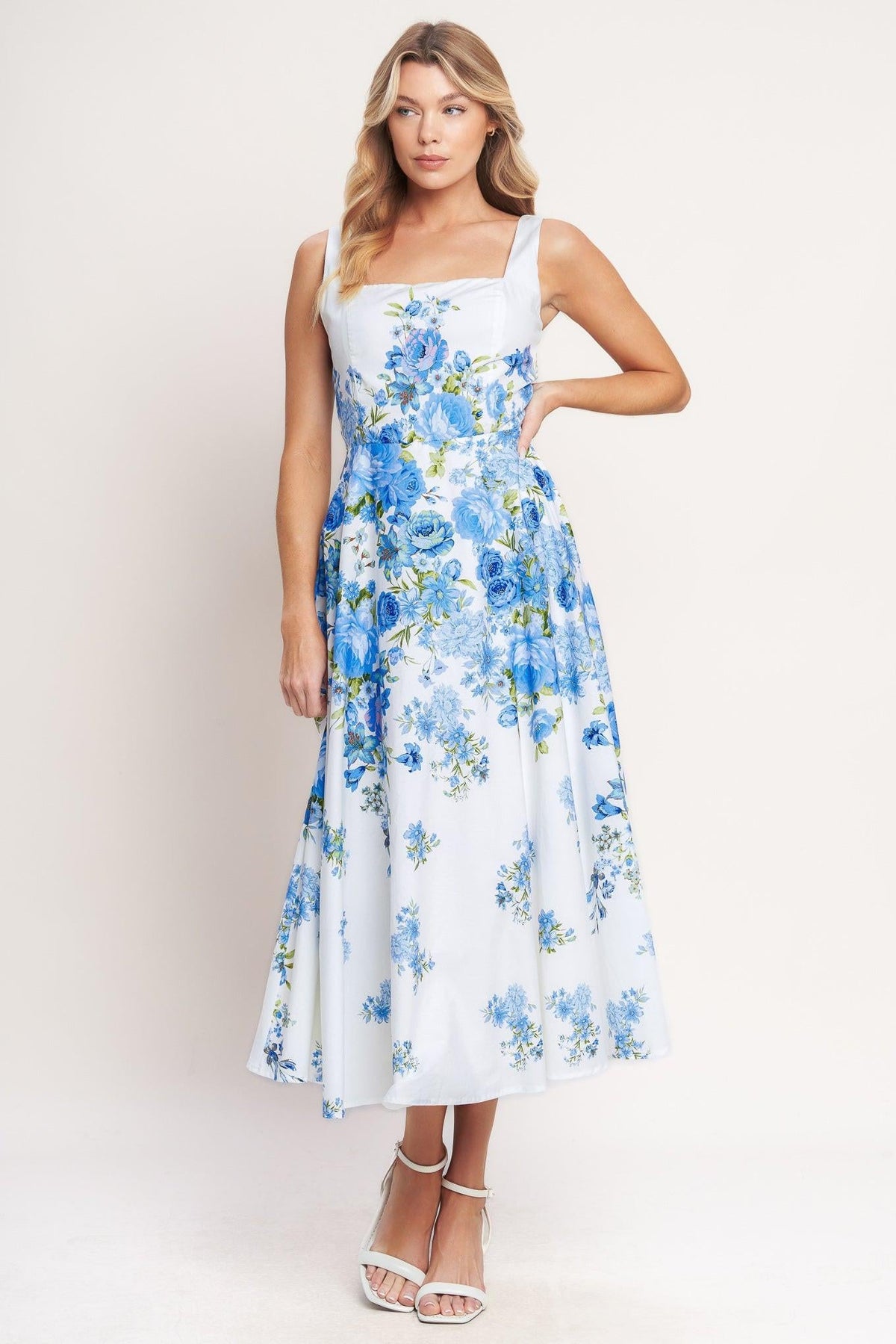 Flying Tomato Classic Bloom Day woven midi dress in white and blue with floral pattern, sleeveless design, and fitted waist.