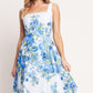Flying Tomato Classic Bloom Day woven midi dress in white and blue, featuring a floral pattern and flowing fabric.