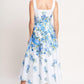 Flying Tomato Classic Bloom Day woven midi dress in white and blue, featuring floral print and a flowing, elegant silhouette.