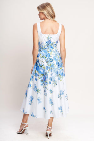 Flying Tomato Classic Bloom Day woven midi dress in white and blue, featuring floral print and a flowing, elegant silhouette.