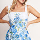 Flying Tomato Classic Bloom Day woven midi dress in white and blue, featuring a floral pattern and comfortable fit.