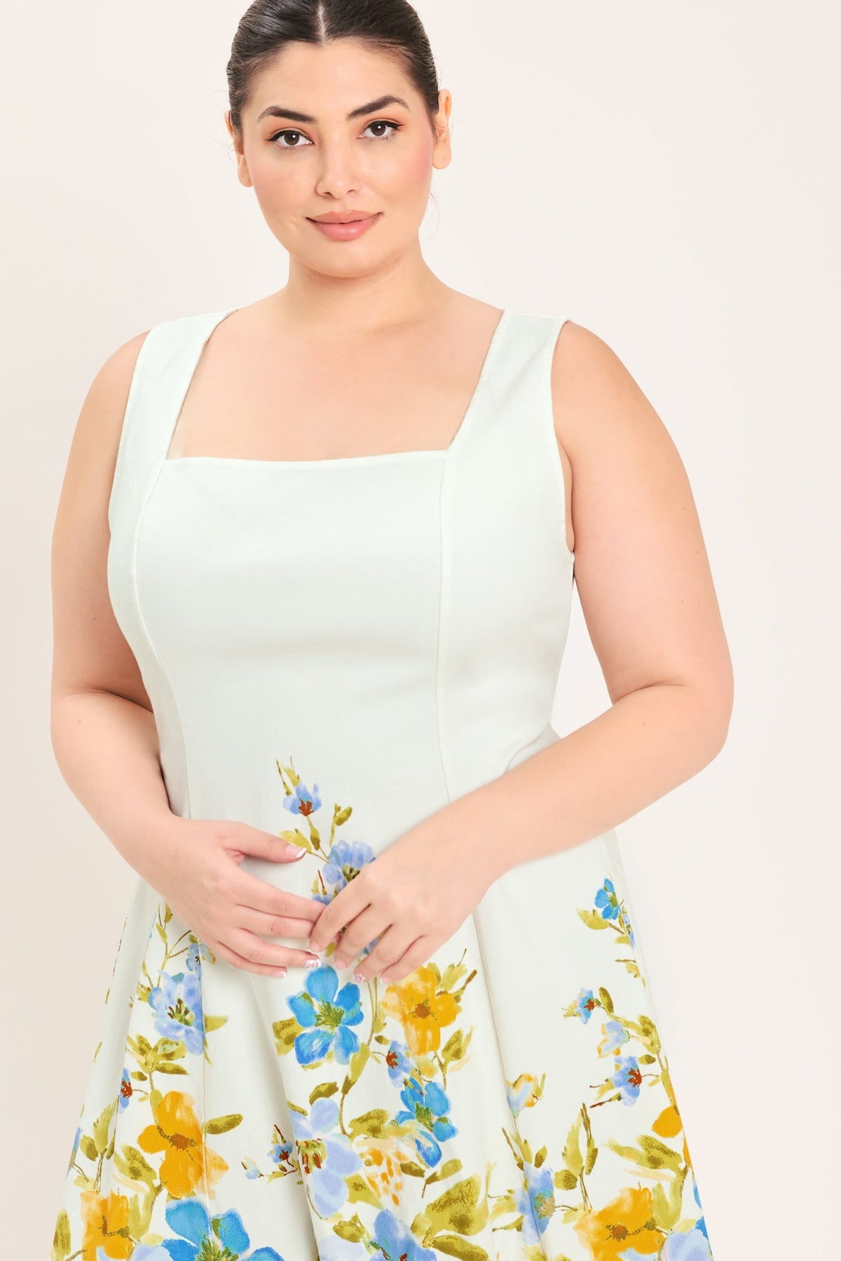 Off-white woven midi dress from Flying Tomato's Dreaming of the Coast collection, featuring a flowing, beach-inspired design.