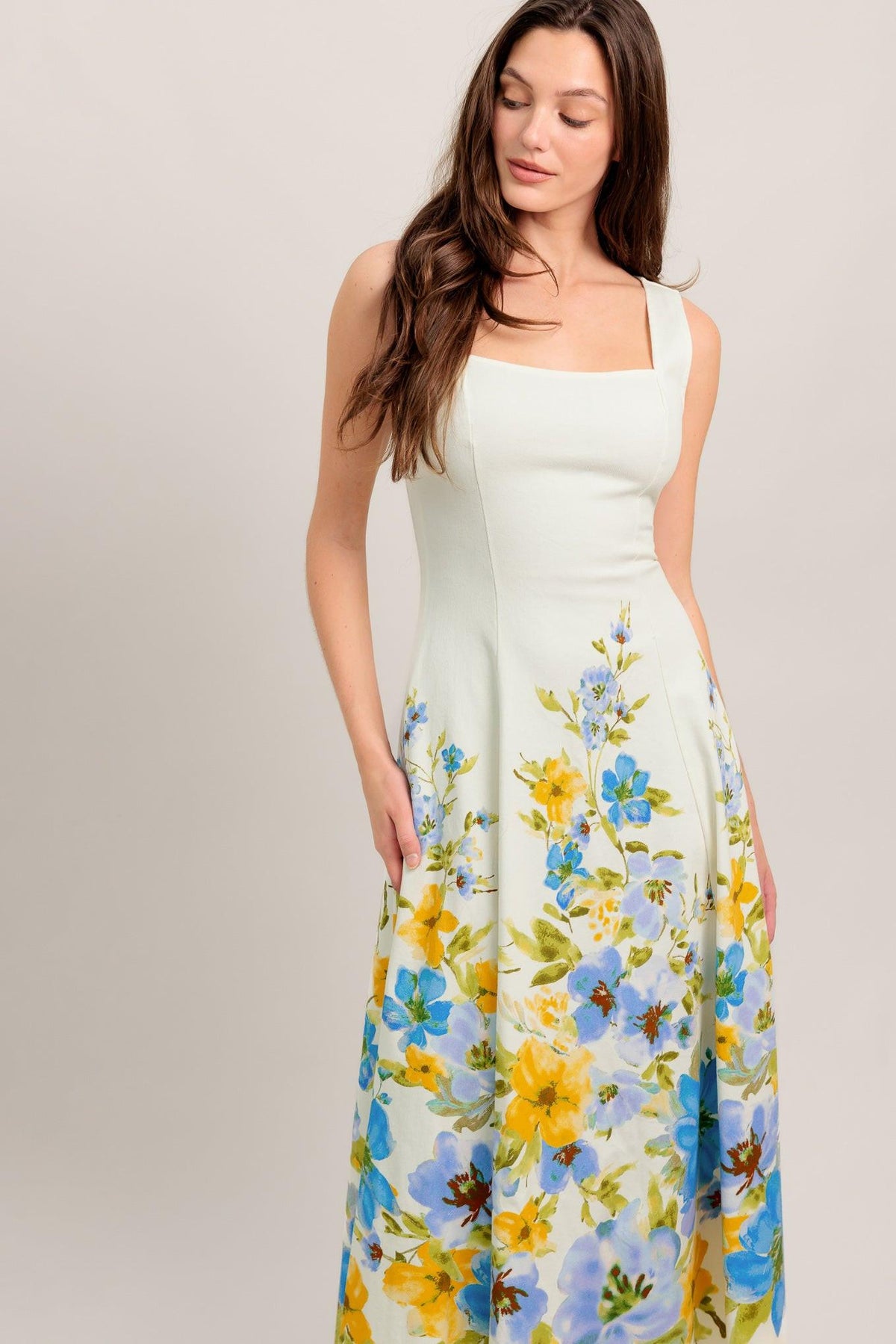 Off-white woven midi dress by Flying Tomato featuring a relaxed fit and coastal-inspired design, shown on a hanger.
