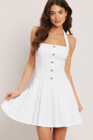 Flying Tomato Summer Clubhouse Woven Mini Dress in white denim, sleeveless with a fitted bodice and flared skirt.