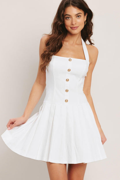 Flying Tomato Summer Clubhouse Woven Mini Dress in white denim, sleeveless with a fitted bodice and flared skirt.