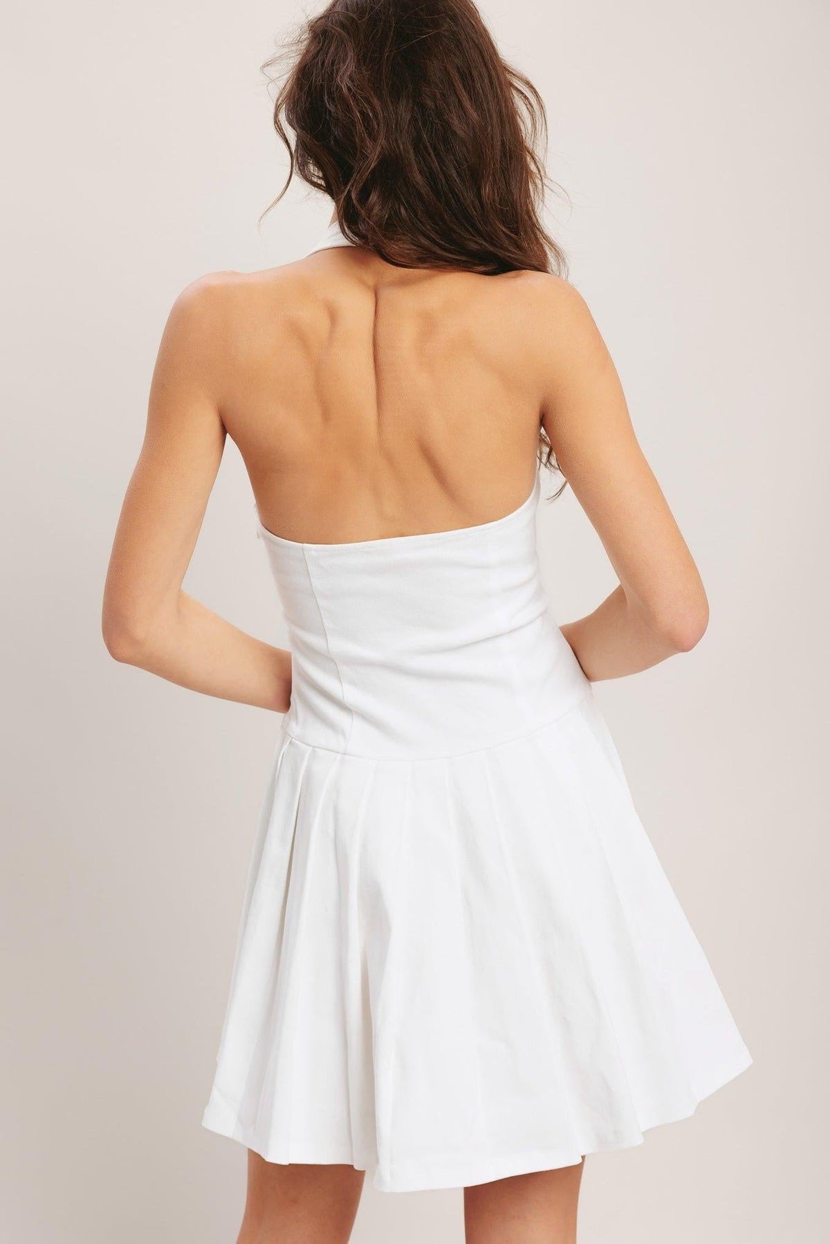 Flying Tomato Summer Clubhouse woven mini dress in white denim, sleeveless with a casual, breezy fit and trendy design.