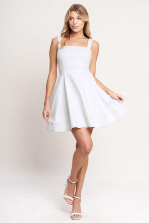 White woven twill mini dress by Flying Tomato with a fitted bodice and short sleeves, perfect for a stylish first date look.