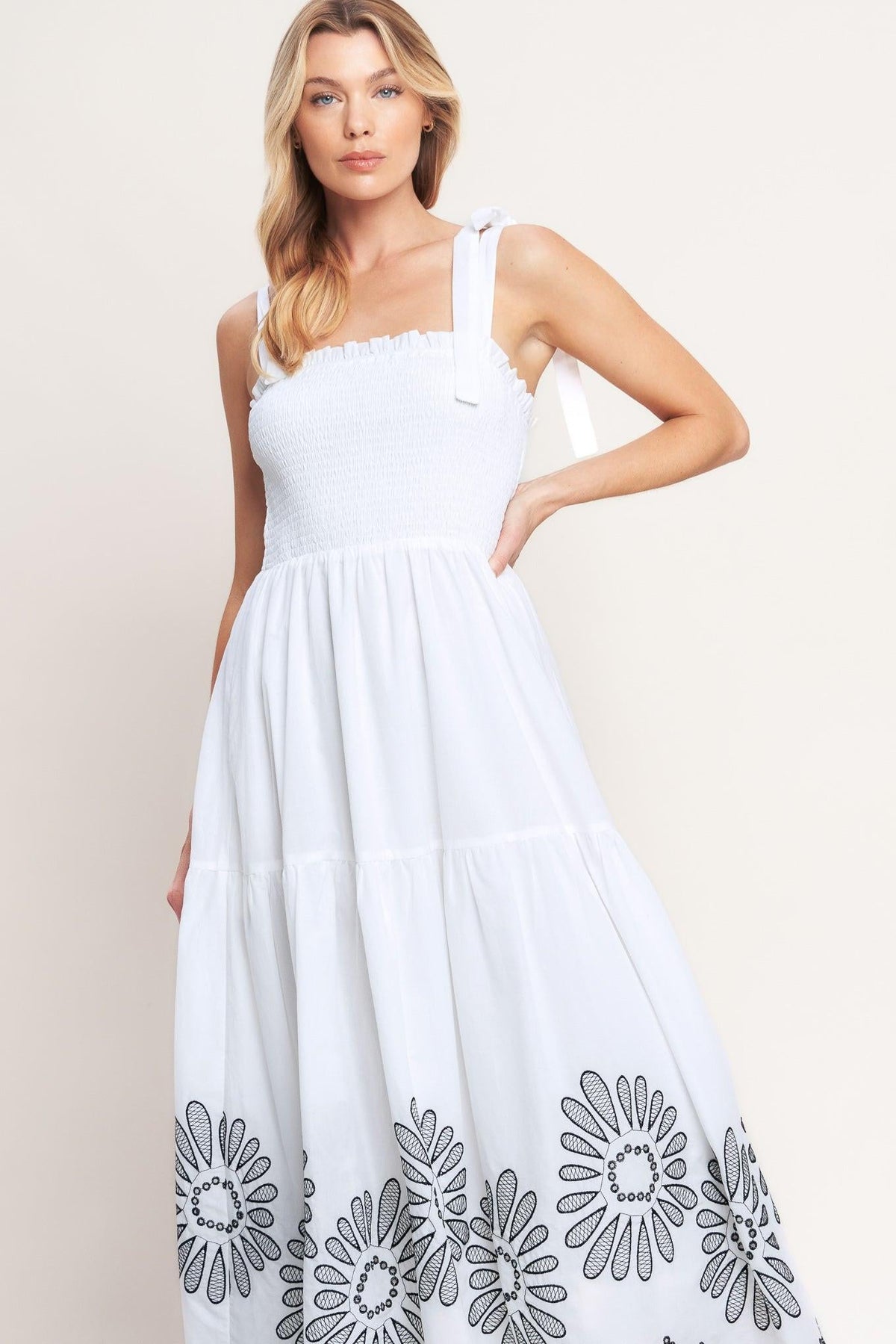 Flying Tomato Whispers of Summer woven midi dress in white, flowing fabric with a fitted bodice and ankle-length skirt.