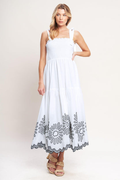Flying Tomato Whispers of Summer woven midi dress in white, featuring a flowy, summer-ready design with a sleeveless cut.