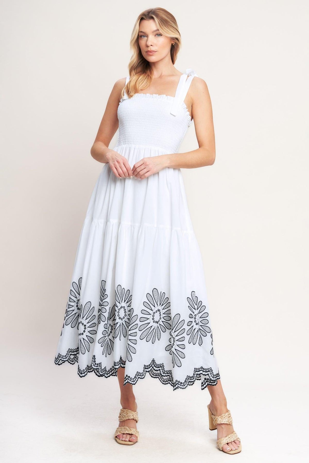 Flying Tomato Whispers of Summer woven midi dress in white with floral pattern, sleeveless design, and flowing silhouette.