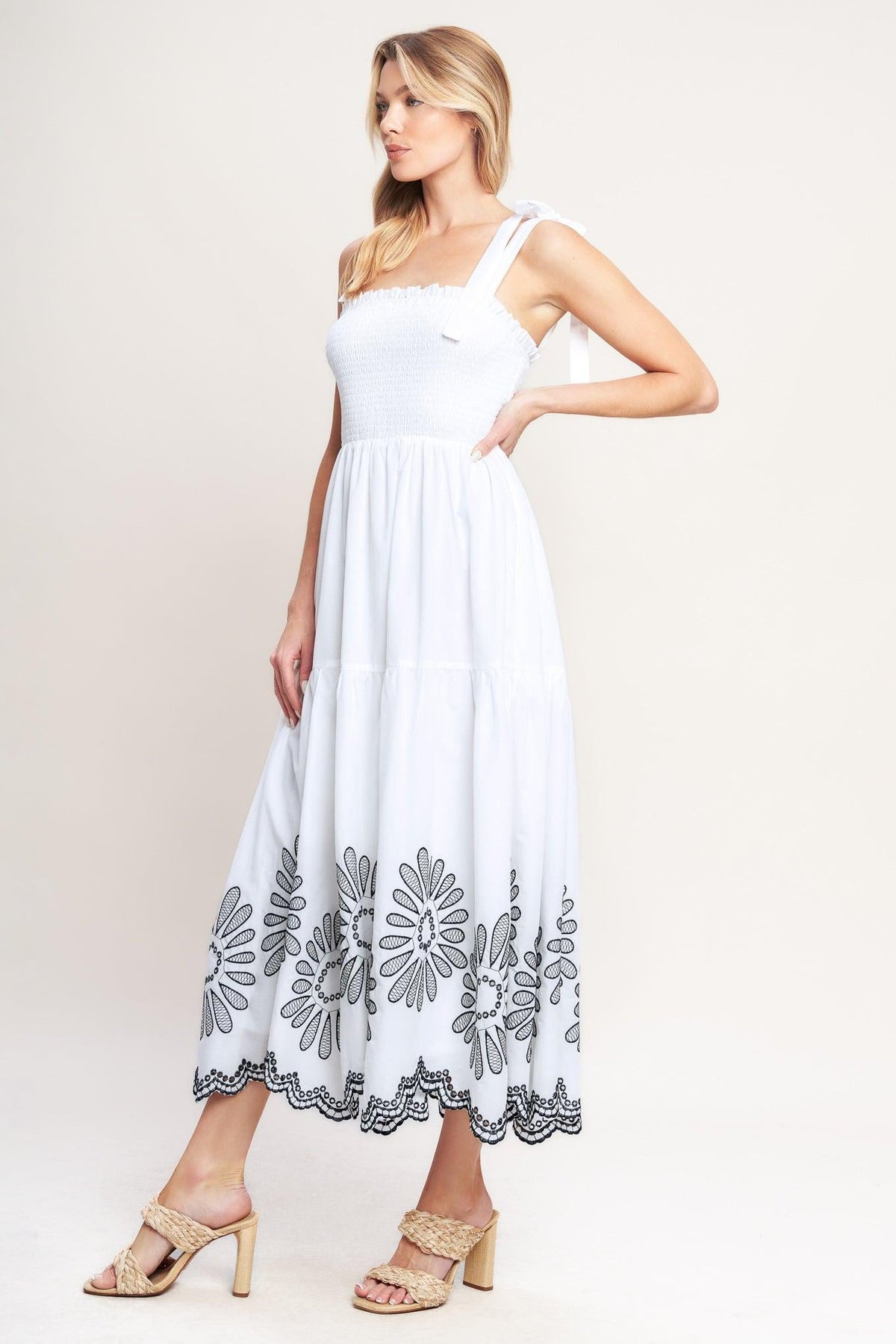 White woven midi dress from Flying Tomato's Whispers of Summer collection, featuring a flowy, lightweight design.