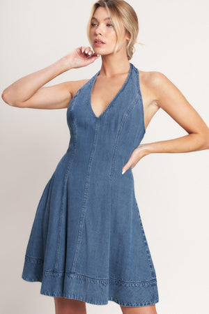 Flying Tomato Sweet But Bold Tencel Mini Dress in medium indigo, showcasing a stylish short dress with a relaxed fit and sleek fabric.