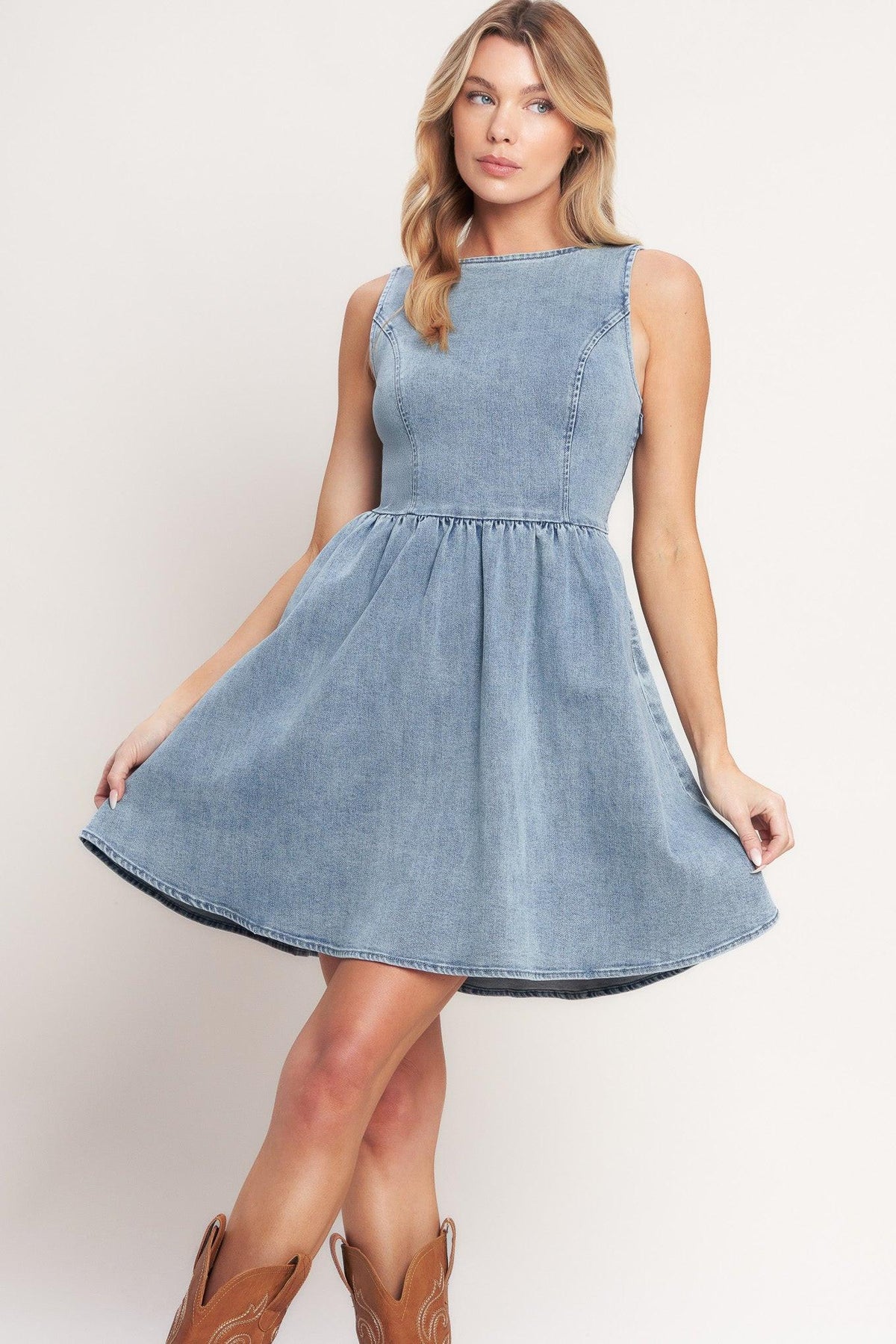 Flying Tomato casual polished denim mini dress in light denim, featuring a fitted silhouette and stylish casual design.