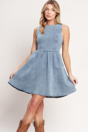 Flying Tomato casual polished denim mini dress in light denim, featuring a fitted silhouette and stylish casual design.
