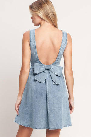 Light denim casual polished mini dress by Flying Tomato, featuring a fitted silhouette and stylish short sleeves.