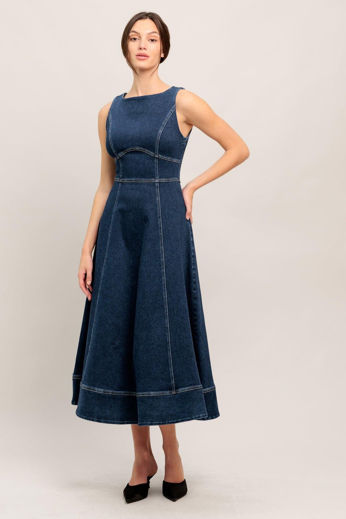 Medium indigo Flying Tomato denim midi dress featuring a simple statement design, sleeveless with a fitted waist and button details.