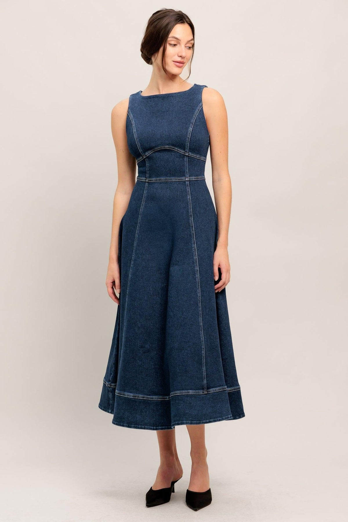 Flying Tomato denim midi dress featuring a simple statement design in medium indigo denim, displayed on a mannequin.