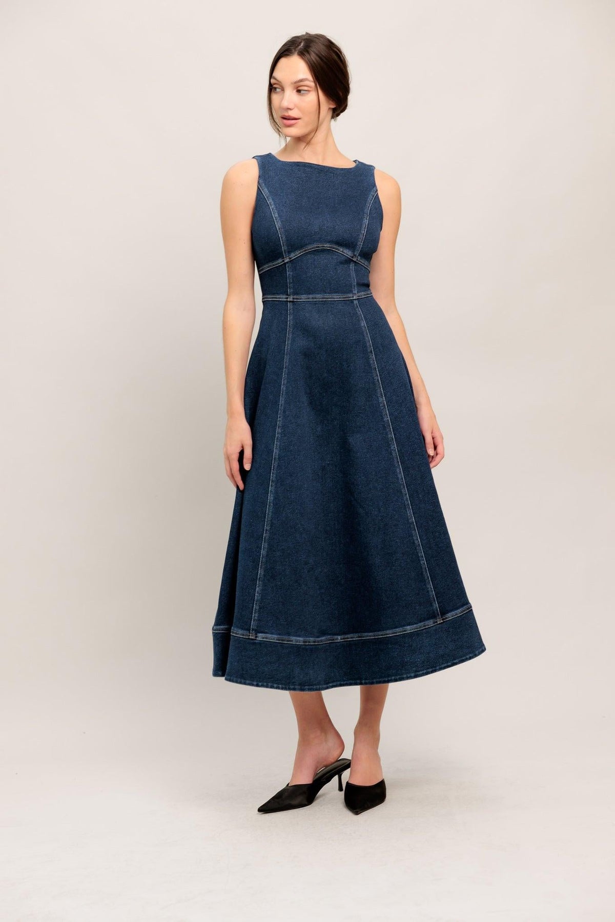 Medium indigo denim midi dress from Flying Tomato featuring a simple statement design and classic fit.