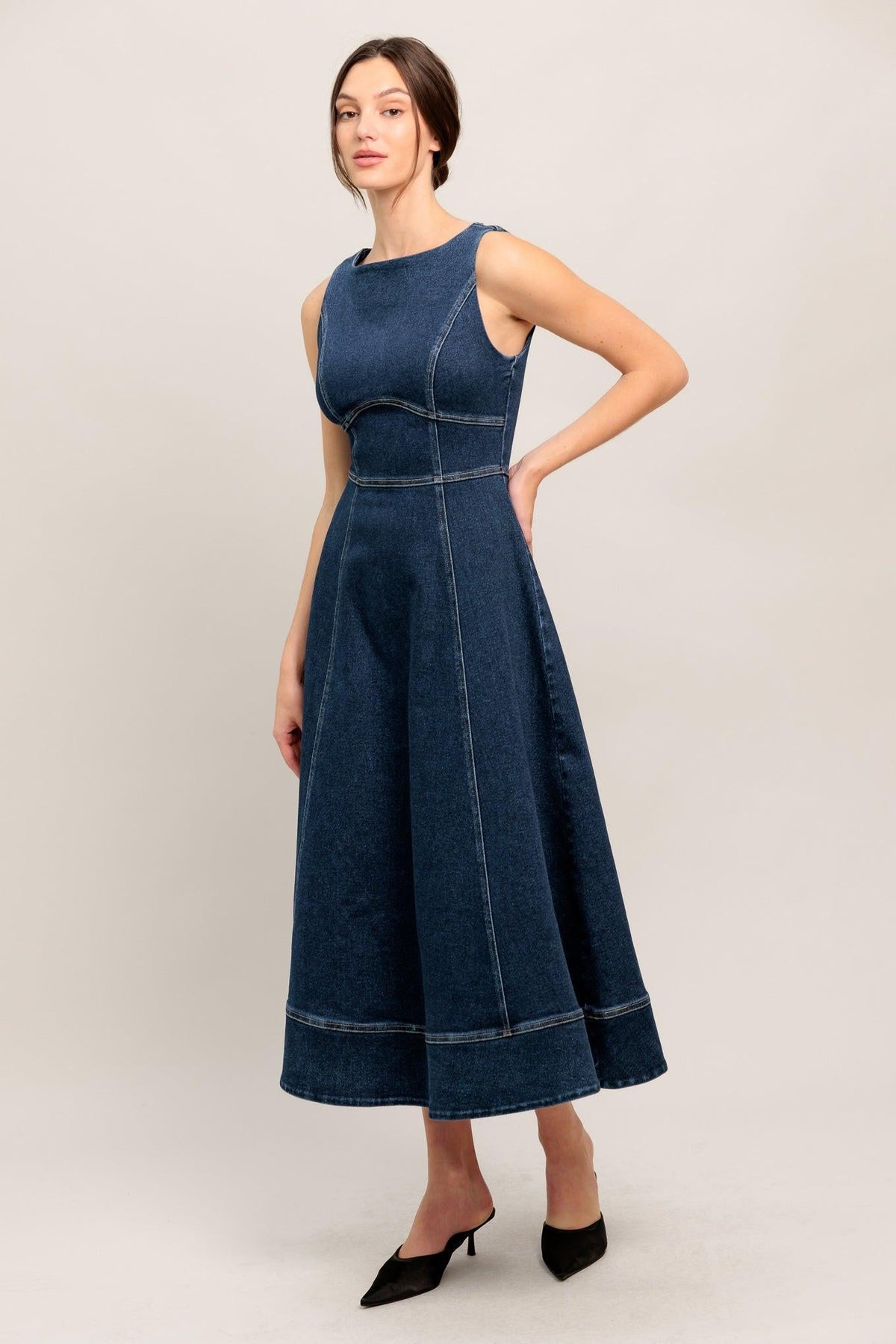 Medium indigo denim midi dress by Flying Tomato featuring a simple statement style and classic dress silhouette.