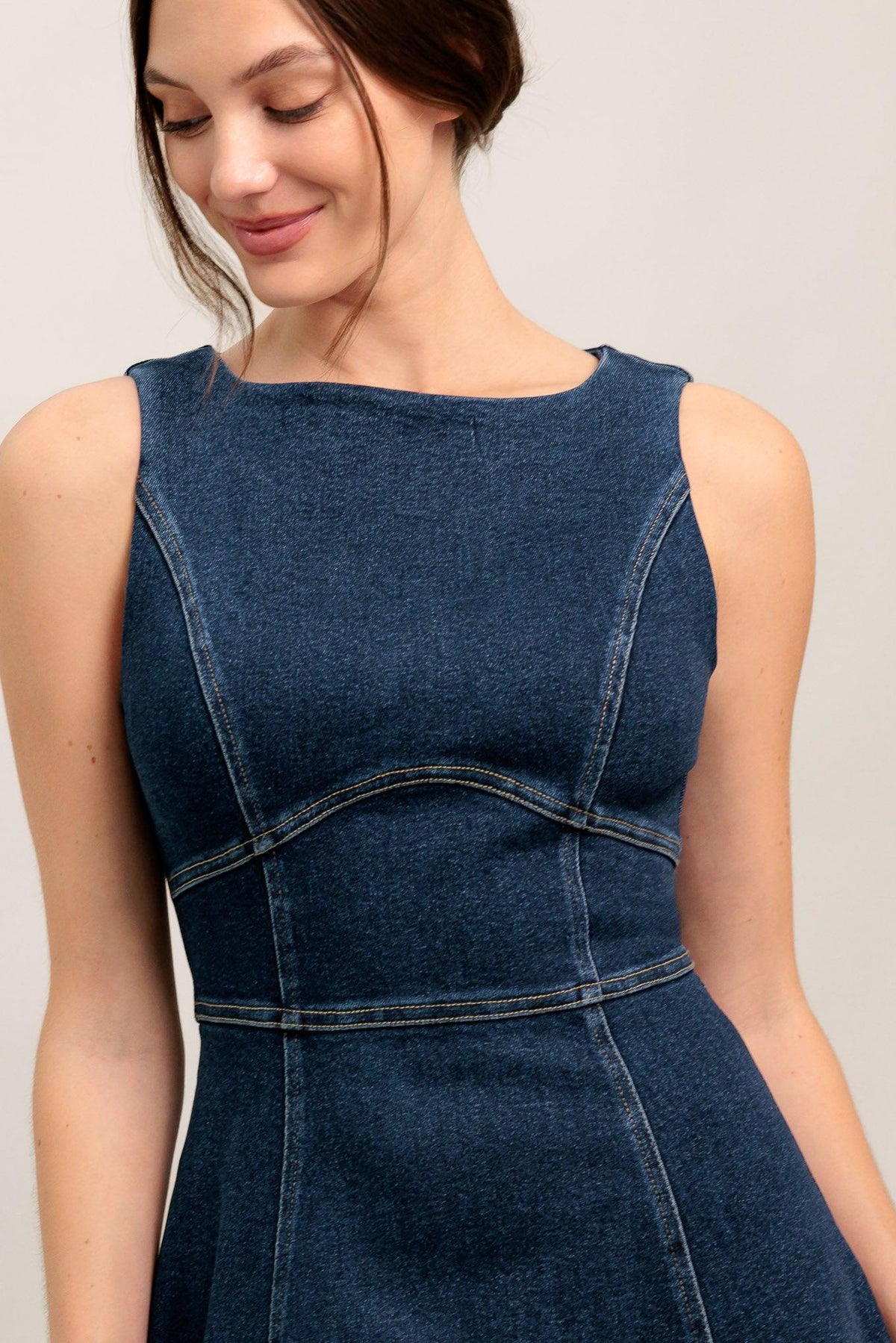 Medium indigo denim midi dress by Flying Tomato featuring a simple statement design and classic fit.