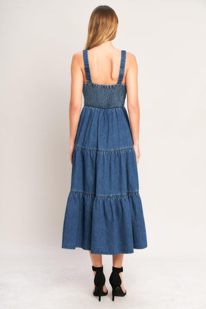 Flying Tomato Everyday Romance denim midi dress with medium indigo wash, sleeveless design, and casual fit.