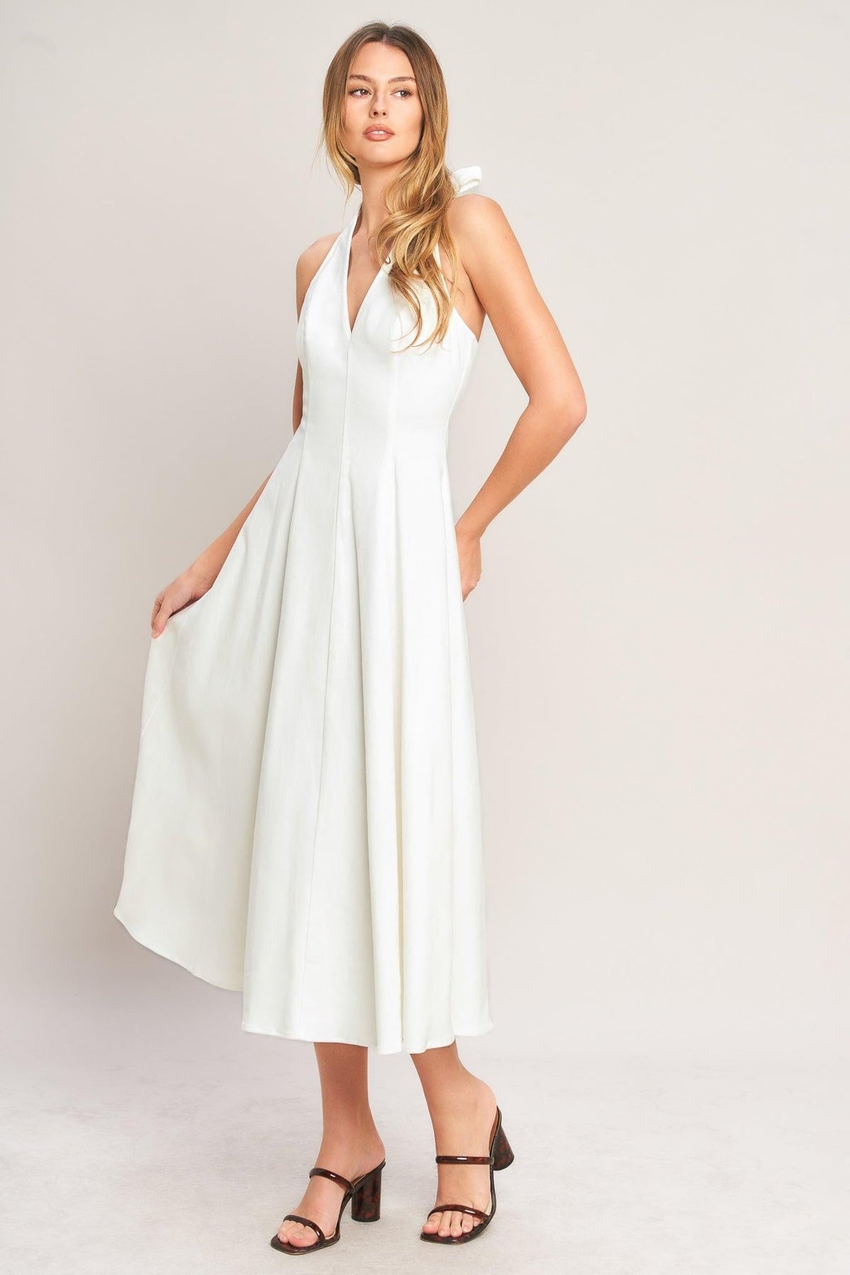 Flying Tomato Serene Moment woven midi dress in white denim, stylish and flowy with a comfortable fit.