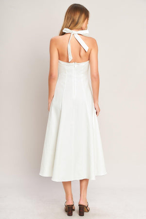 Flying Tomato Serene Moment woven midi dress in white denim, sleeveless with a fitted waist and flowing skirt.