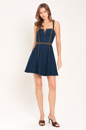 Flying Tomato Denim Darling mini dress in indigo denim, stylish sleeveless dress with a fitted bodice and flared skirt.