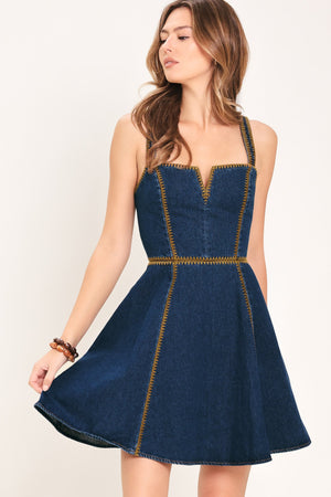 Flying Tomato Denim Darling Denim Mini Dress in indigo denim, featuring a fitted silhouette and classic details.