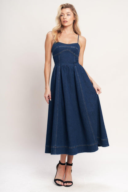 Medium indigo Flying Tomato denim midi dress with a fitted bodice and flared skirt, styled with short sleeves and classic stitching.