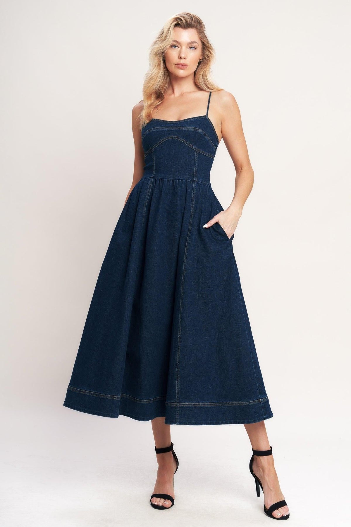 Medium indigo Flying Tomato Everyday Icon denim midi dress with long sleeves, fitted waist, and classic denim texture.