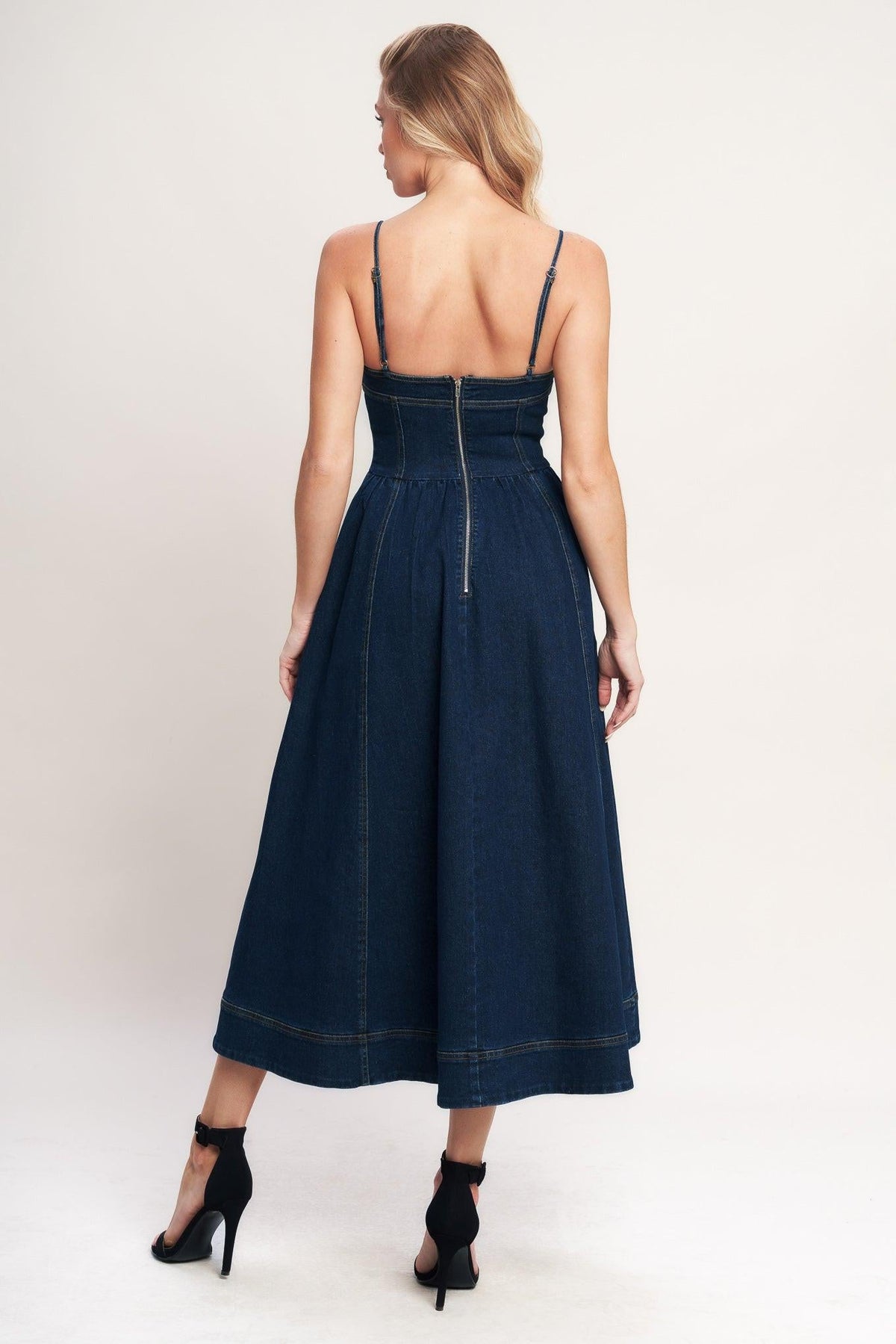 Flying Tomato The Everyday Icon Denim Midi Dress in medium indigo, showcasing the stylish denim dress with a relaxed fit.