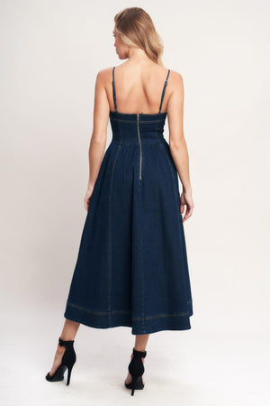 Flying Tomato The Everyday Icon Denim Midi Dress in medium indigo, showcasing the stylish denim dress with a relaxed fit.