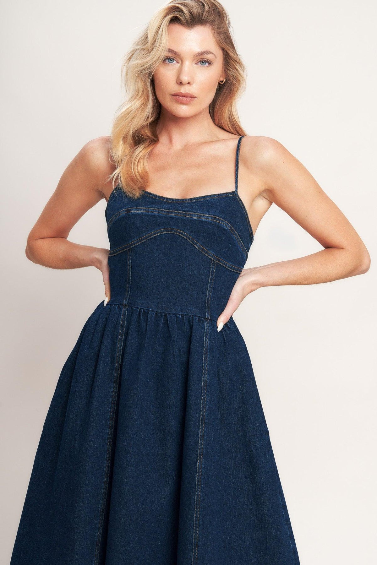 Flying Tomato Everyday Icon Denim Midi Dress in medium indigo denim, showcasing a casual, stylish midi-length dress.