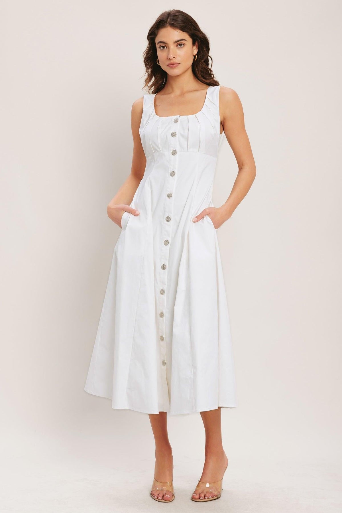 Flying Tomato Seaside Brunch woven midi dress in off-white fabric, featuring a relaxed fit and delicate woven detailing.