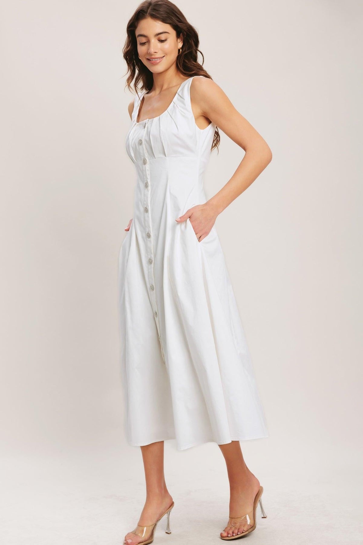 Off-white woven midi dress from Flying Tomato's Seaside Brunch collection, featuring a relaxed, stylish design.