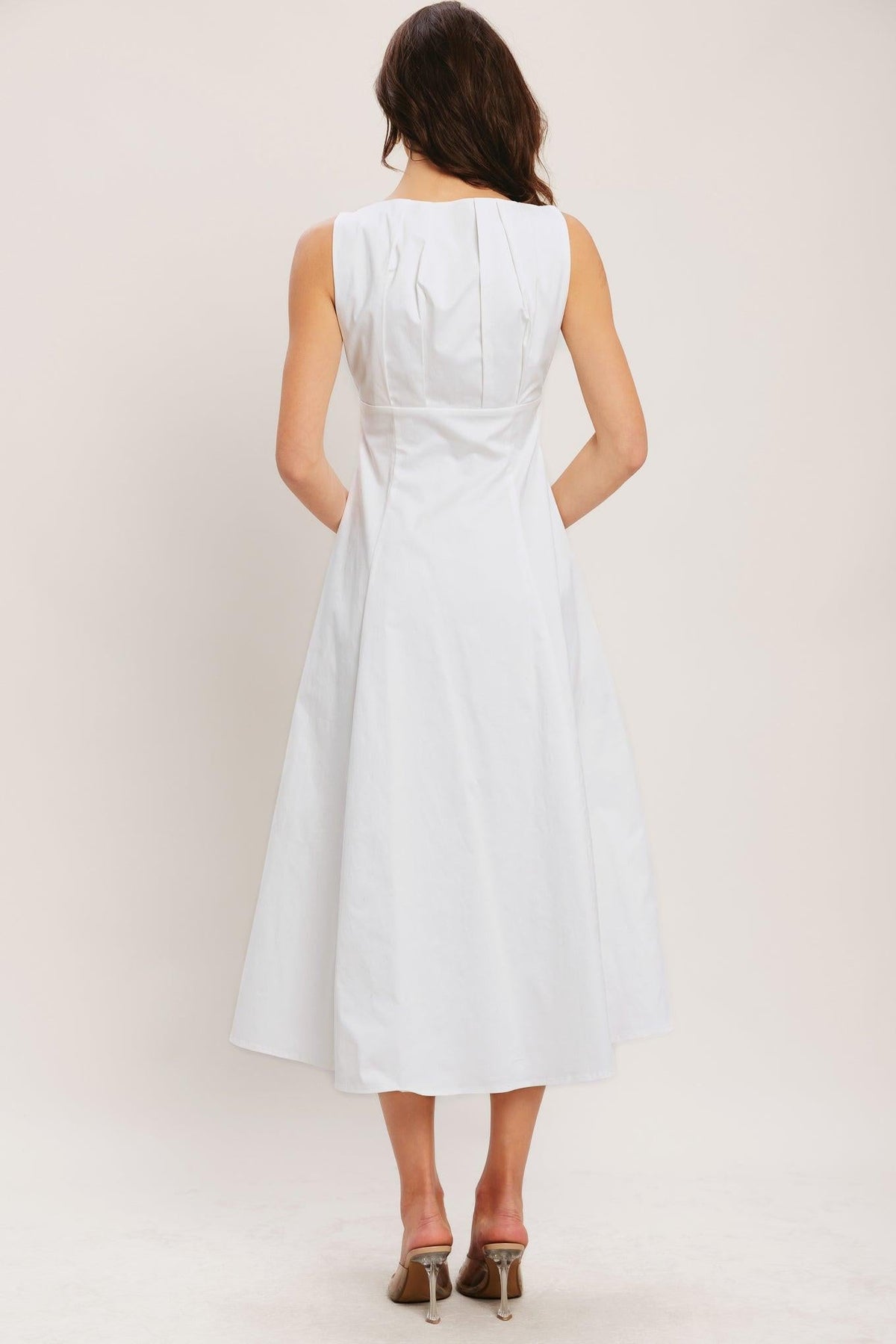 Off-white Seaside Brunch Woven Midi Dress by Flying Tomato featuring a relaxed fit and intricate woven pattern.