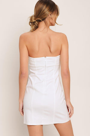 Flying Tomato City to Coast woven mini dress in white denim, featuring a stylish sleeveless design and casual fit.