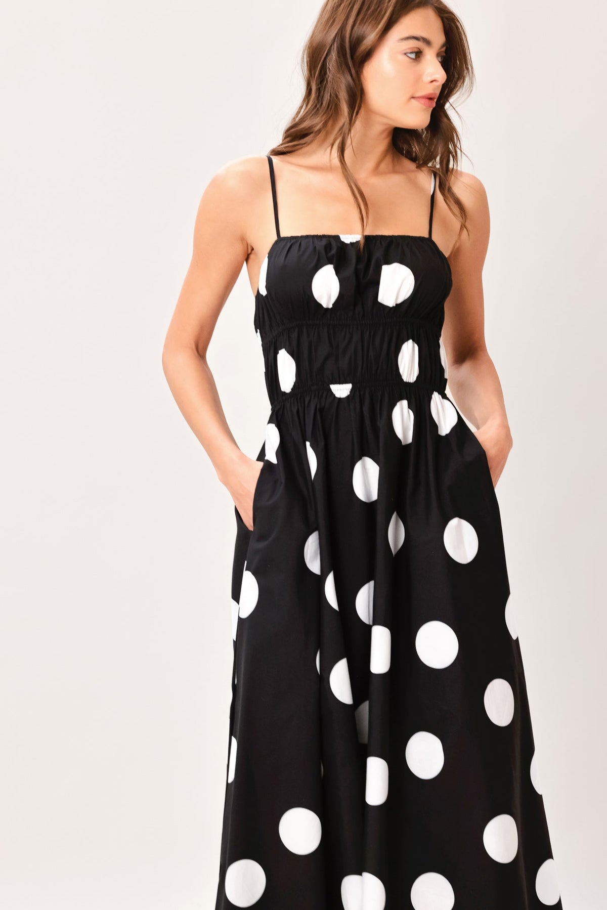 Flying Tomato Dot Theory woven midi dress in black, featuring a stylish, flowy fabric and a mid-length design for casual elegance.