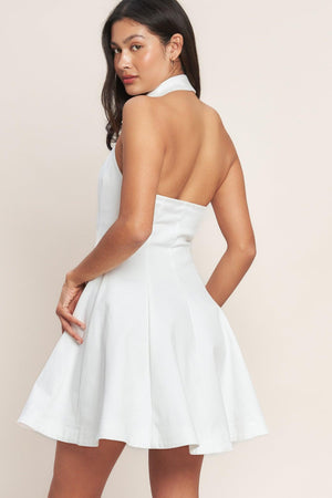 White woven mini dress from Flying Tomato's Always Adorable collection, featuring a stylish sleeveless design and intricate woven details.