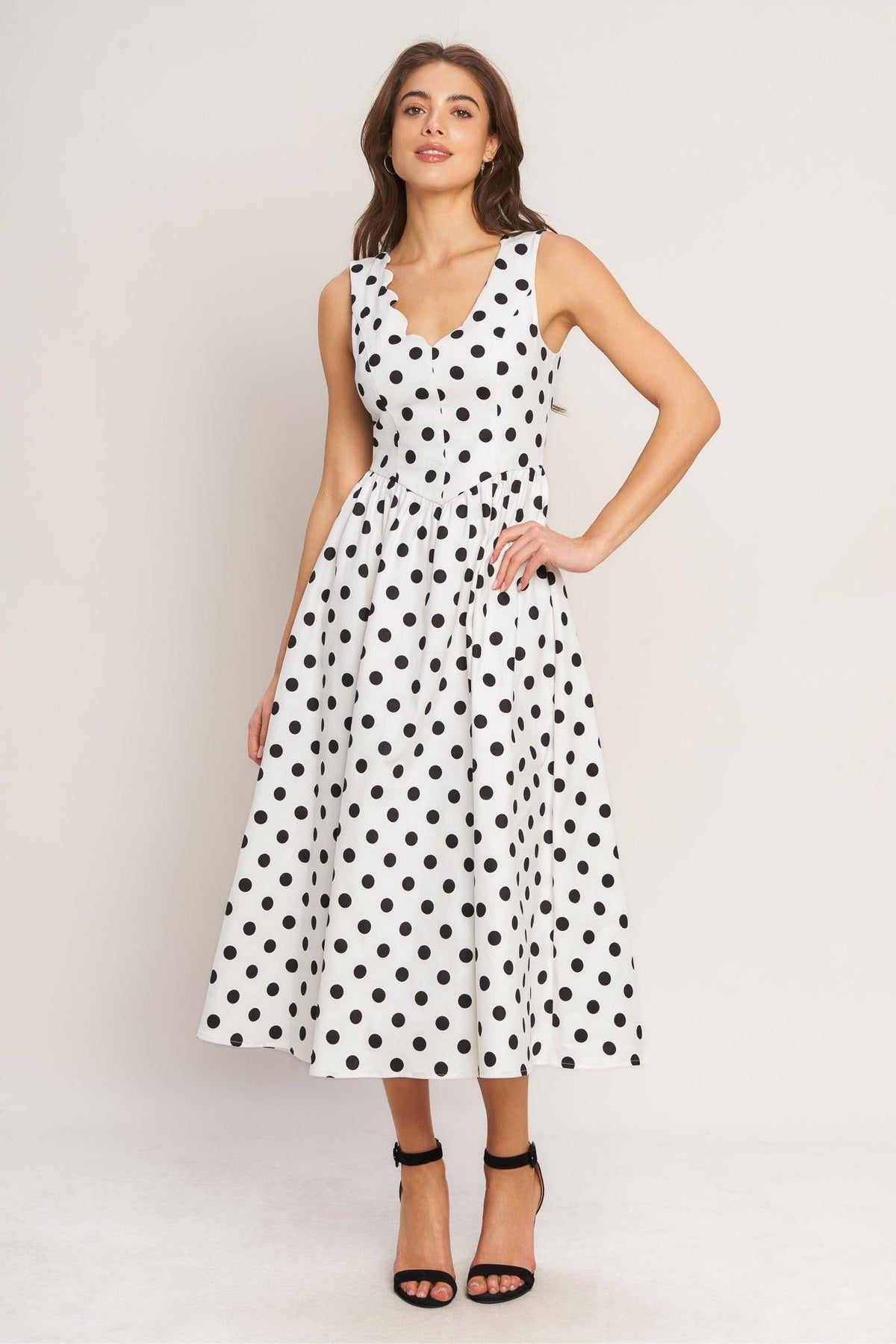 Ivory and black vintage Whisper Polka Woven Midi Dress by Flying Tomato, featuring a classic polka dot pattern and woven fabric.