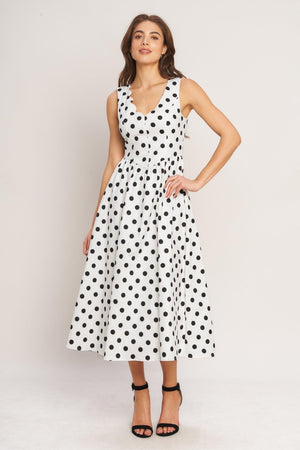 Ivory and black vintage Whisper Polka Woven Midi Dress by Flying Tomato, featuring a classic polka dot pattern and woven fabric.