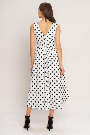 Flying Tomato vintage Whisper Polka Woven midi dress in ivory and black, featuring a classic polka dot pattern and woven fabric.