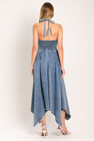 Light indigo Flying Tomato Sweet Embrace denim midi dress with fitted bodice and flowing skirt, perfect for casual or semi-formal wear.