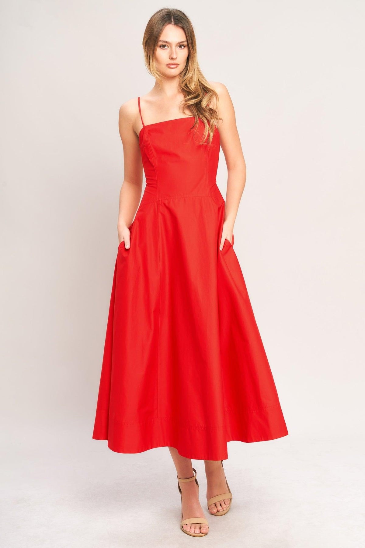 Flying Tomato summer city woven midi dress in red, featuring a stylish sleeveless design and lightweight fabric.