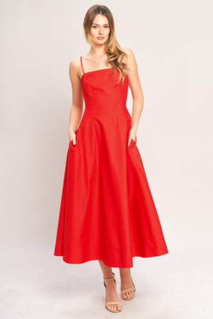Flying Tomato summer city woven midi dress in red, featuring a stylish sleeveless design and lightweight fabric.