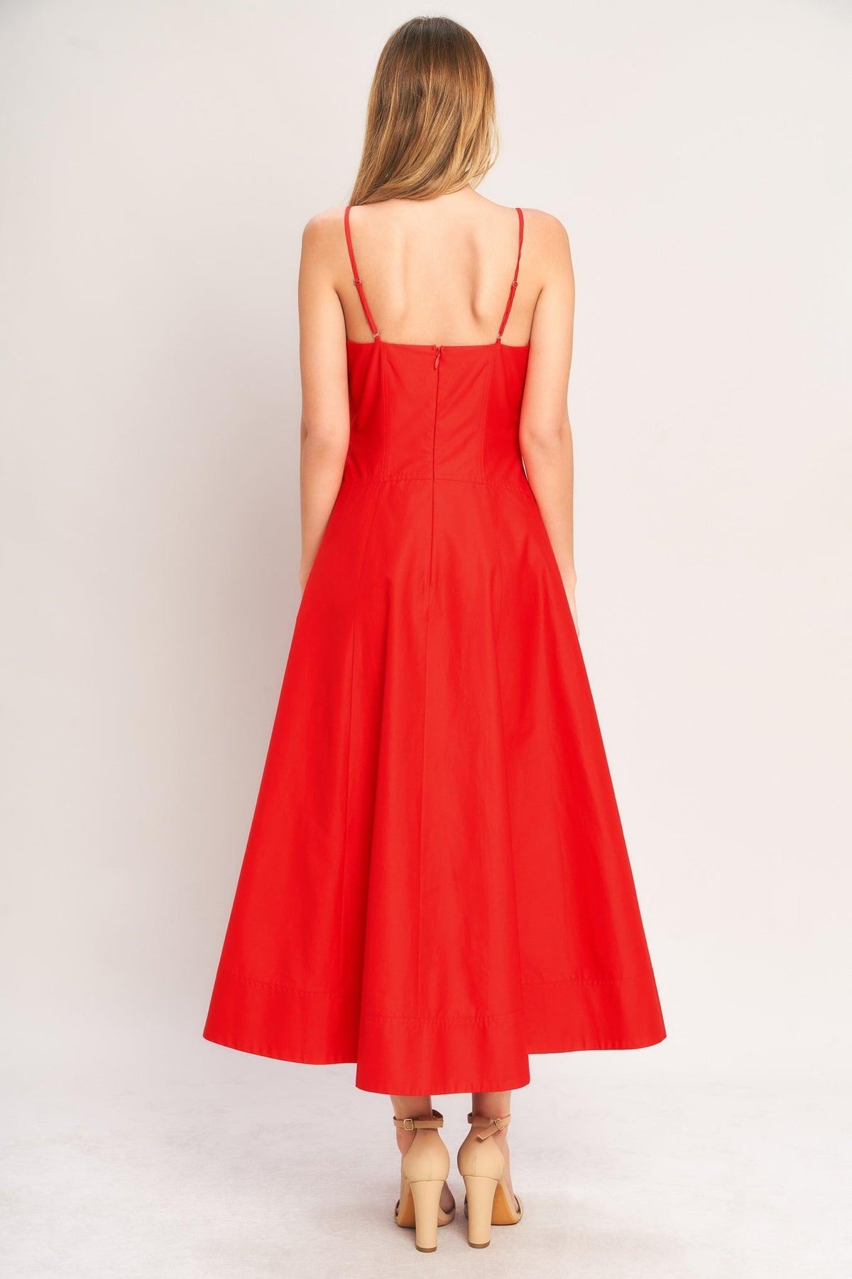 Red Summer City Woven Midi Dress by Flying Tomato, featuring a stylish sleeveless design and lightweight woven fabric.
