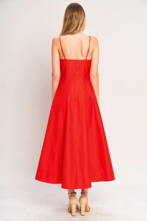 Red Summer City Woven Midi Dress by Flying Tomato, featuring a stylish sleeveless design and lightweight woven fabric.