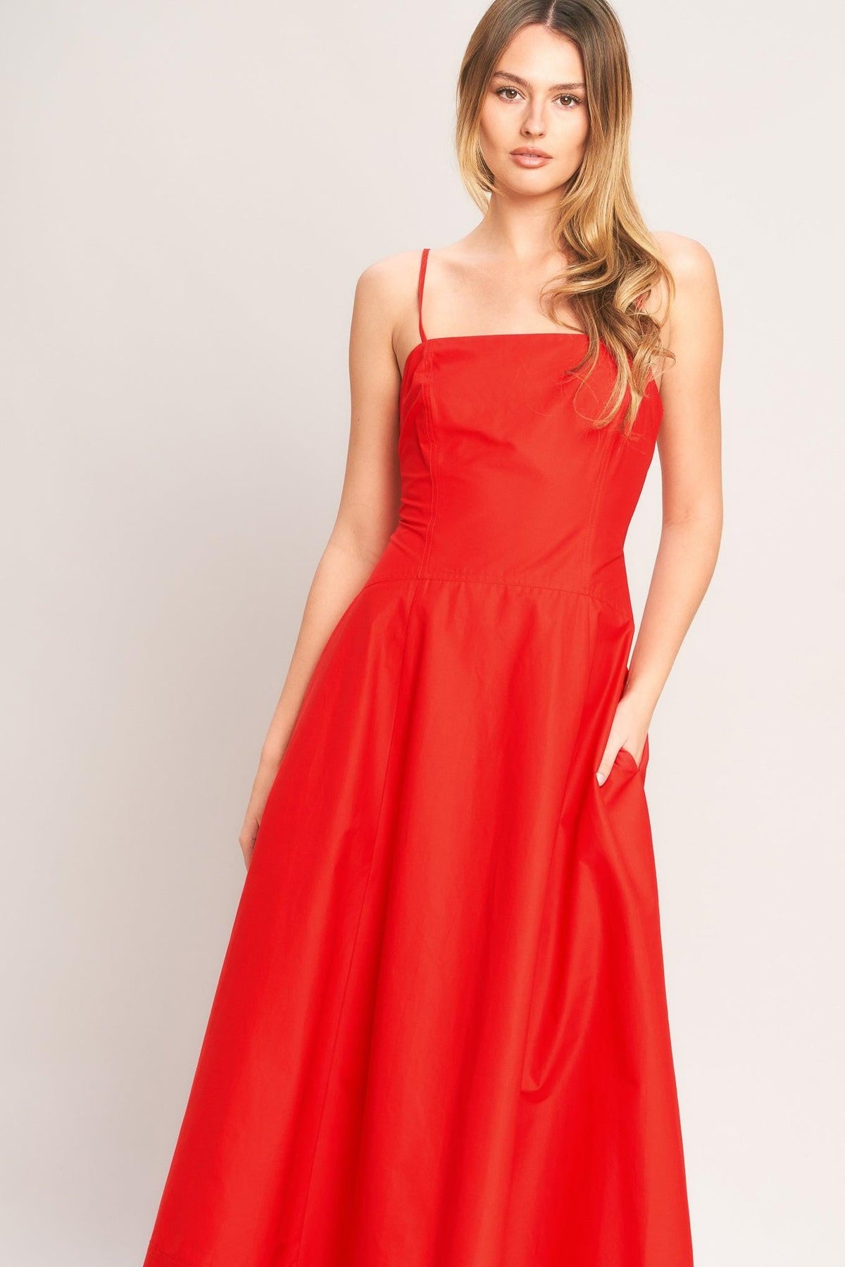 Red Summer City Woven Midi Dress by Flying Tomato featuring a sleeveless design and breezy, woven fabric.