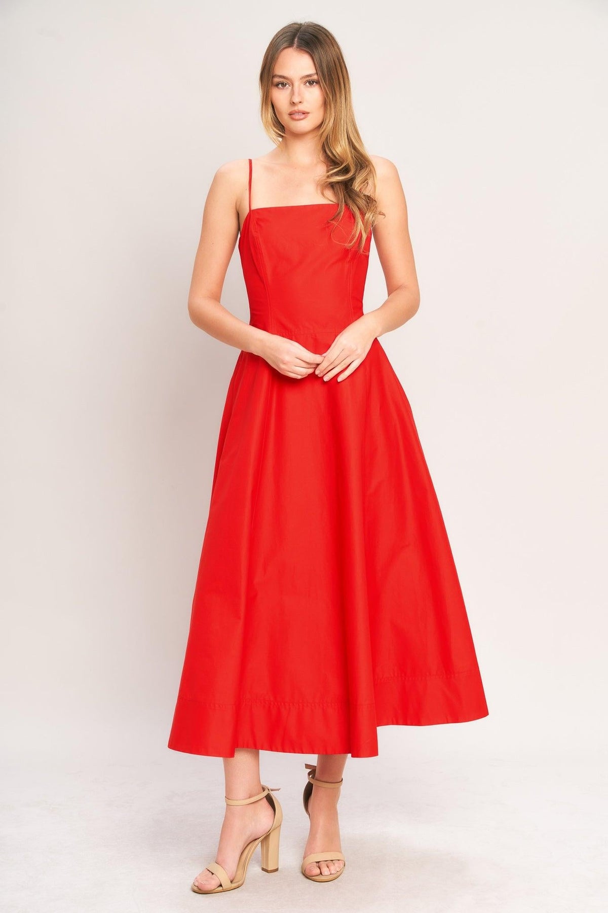 Red woven midi dress from Flying Tomato Summer City collection, featuring a stylish, breathable design perfect for warm weather.